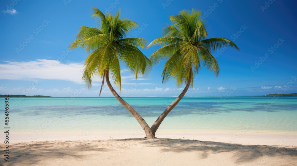 heart shaped palm trees on a tropical beach with sea background