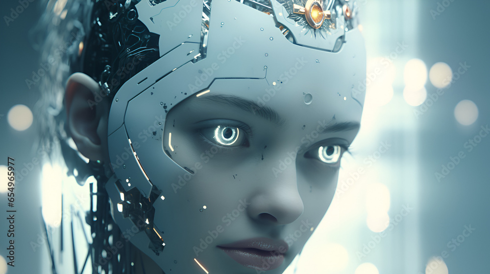 A close up of a humanoid female android head with soulful illuminated eyes A close up of a humanoid female android head with soulful illuminated eyes