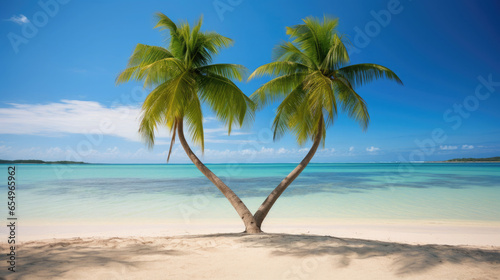 heart shaped palm trees on a tropical beach with sea background © Karat