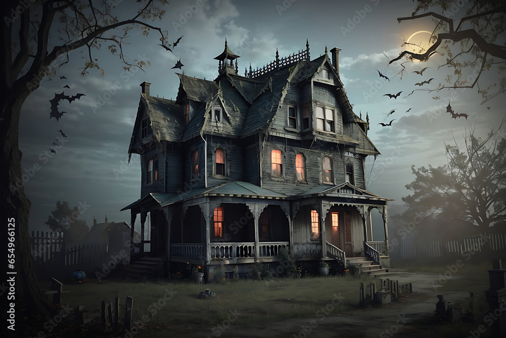 Obraz premium Haunted House. A creepy haunted house with a weathered, vintage look for Halloween and other spooky occasions