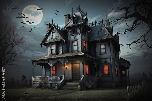 Haunted House. A creepy haunted house with a weathered, vintage look for Halloween and other spooky occasions photo