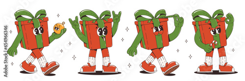 Funny retro cartoon christmas gift box characters in trendy groovy style. Gift various poses. 60 -70s vibes set. Merry Christmas and Happy New Year. Vector Illustration.