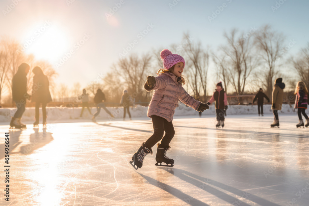 Joyful ice skating session on a frozen pond or rink, capturing the magic of winter sports. Generative Ai - obrazy, fototapety, plakaty 