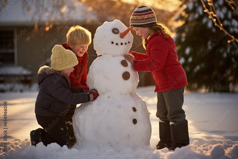 Children building a snowman in their front yard, reflecting the innocence and fun of winter holidays. Generative Ai