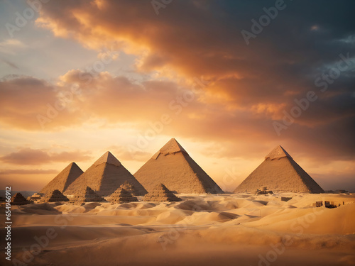 Egyptian pyramids at sunset and dramatic sky.