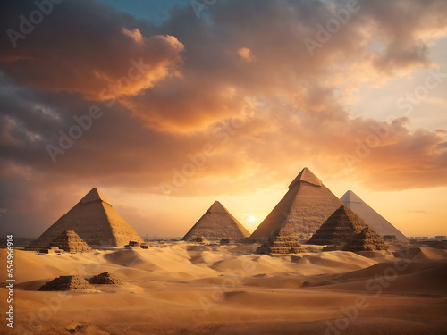 Egyptian pyramids at sunset and dramatic sky. © Mahmud