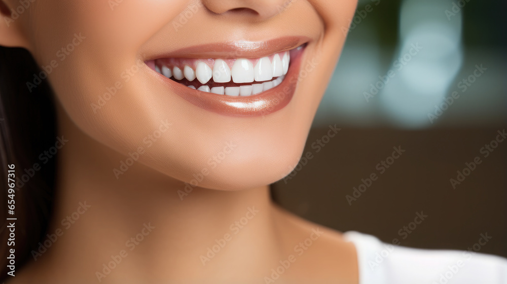 Obraz premium Generative AI, girl with beautiful white healthy teeth smiling, charming snow-white smile, dentistry advertising, oral care, mouth, face, cute woman, space for text, interior background