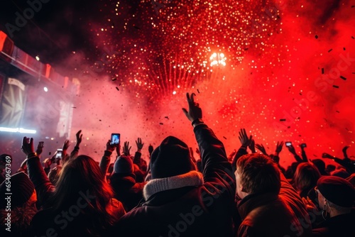 New Year's Eve celebration with fireworks, confetti, and a joyous crowd counting down to midnight. Generative Ai