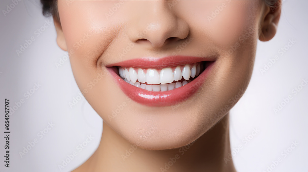 Obraz premium Generative AI, girl with beautiful white healthy teeth smiling, charming snow-white smile, dentistry advertising, oral care, mouth, face, cute woman, space for text, interior background
