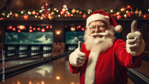 Fotografia, Obraz Santa Claus giving thumbs up in Bowling on Christmas poster - FIctional Person,
