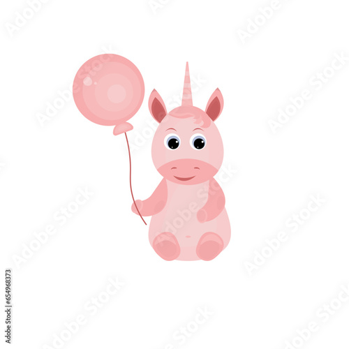 unicorn holding a balloon .Pink illustration in Barbie style