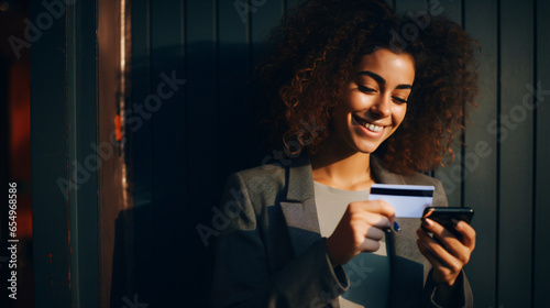 Smiling handsome young woman, holding credit card.