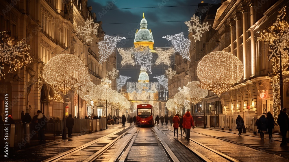 Naklejka premium Budapest, Hungary's Central Street is illuminated for Christmas.