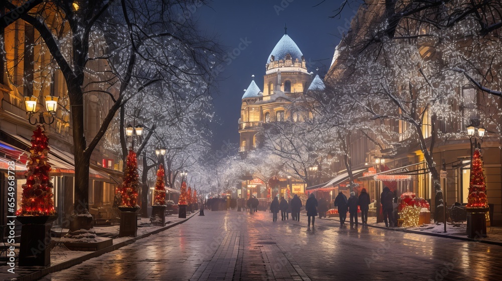 Fototapeta premium Budapest, Hungary's Central Street is illuminated for Christmas.