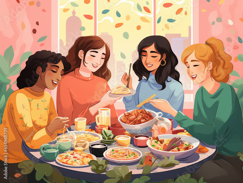 An Illustration of Friends Holding a Potluck Where Each Brings a Dish from Their Culture
