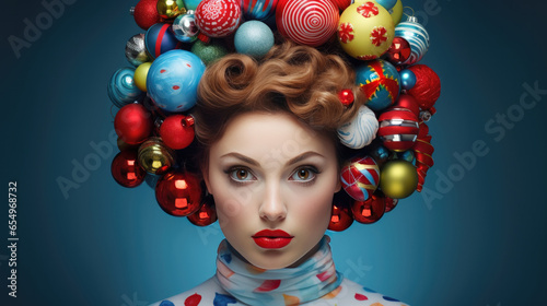 Portrait of an attractive young woman with Christmas balls and ornaments in hair
