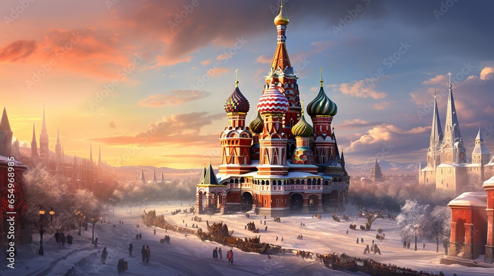 St. Basil's Cathedral in Moscow, Russia, Red Square, and the winter climate - obrazy, fototapety, plakaty 