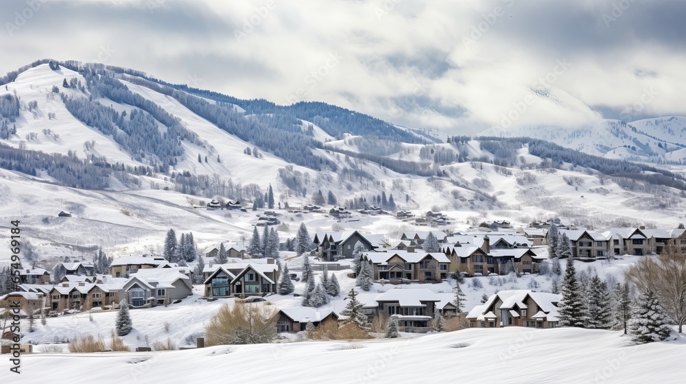 Square Homes and a snow-covered mountain in Park City during the wintertime