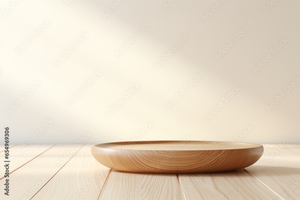 Empty Wooden Tray on Neutral Background.
Clean wooden tray centred on a light wooden surface. - obrazy, fototapety, plakaty 