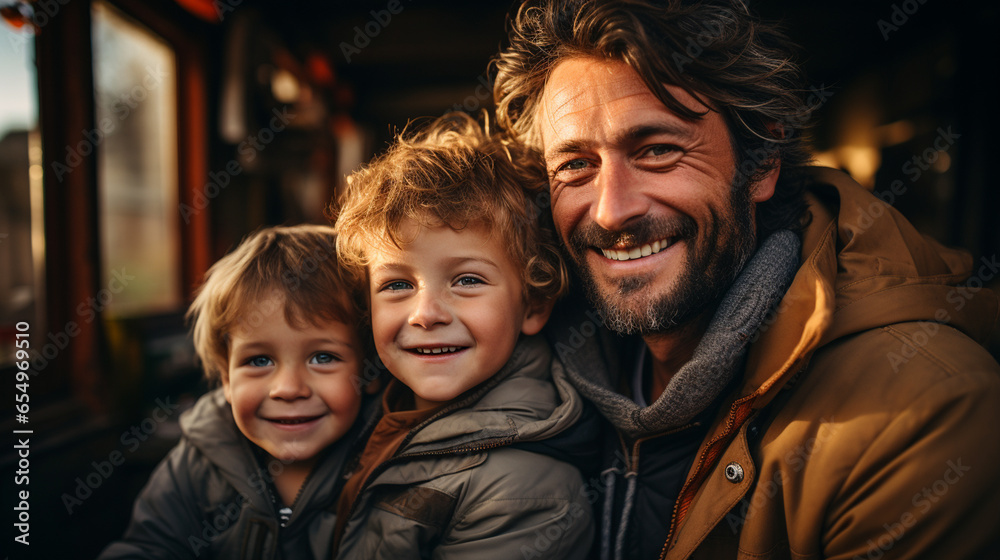 A joyful family enjoying time together, smiling and looking at camera.