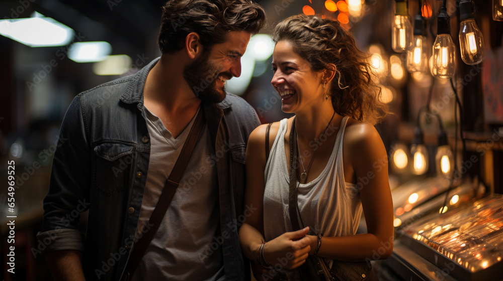 Young adults smiling, bonding, and enjoying a night out with friends.