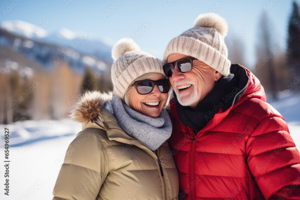 Happy married active senior couple enjoying winter vacation together. resort in the background