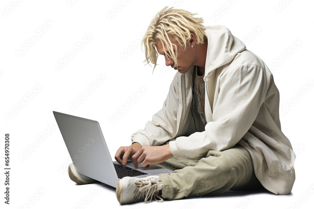 A man sitting on the ground using a laptop. Suitable for technology and remote work concepts. A man sitting on the ground using a laptop. Suitable for technology and remote work concepts.