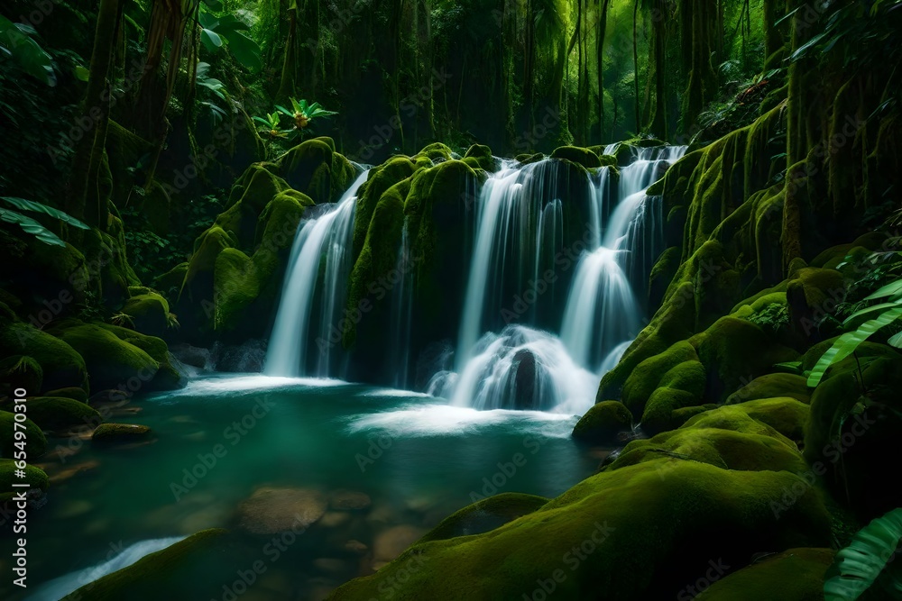 a hidden waterfall cascading down moss-covered rocks in the heart of a tropical jungle - AI Generative