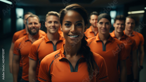 group of diverse people in an orange uniform photo