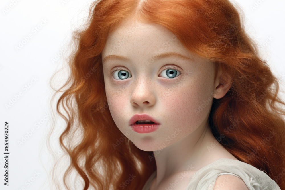 A portrait of a young girl with vibrant red hair and captivating blue ...