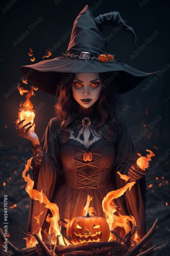 Fototapeta premium Halloween Witch Animation: Fiery Enchantment