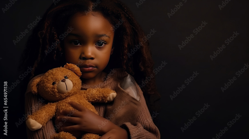 little african american girl hug her doll and cry or scare or sad or feel bad. - obrazy, fototapety, plakaty 