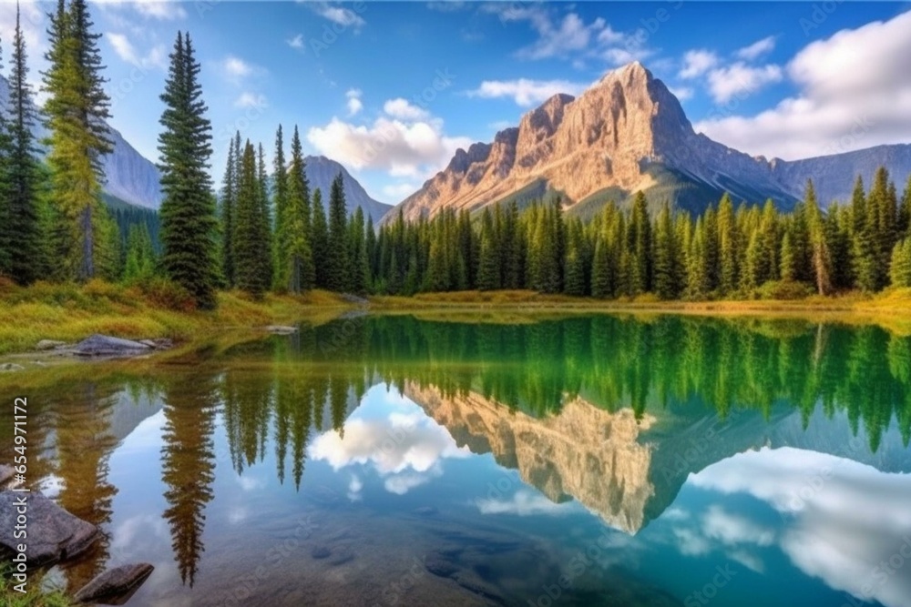 Serene mountain lake scenery with serene, still waters reflecting the surrounding majestic mountains. Generative AI