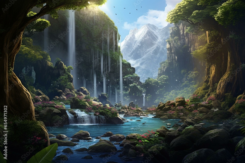 Digital artwork of a fantasy landscape with waterfalls, scenic forests, exotic woods in a digital art illustration. Generative AI