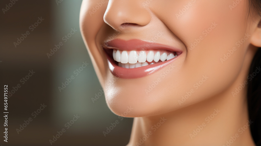Generative AI, girl with beautiful white healthy teeth smiling, charming snow-white smile, dentistry advertising, oral care, mouth, face, cute woman, space for text, interior background Generative AI, girl with beautiful white healthy teeth smiling, charming snow-white smile, dentistry advertising, oral care, mouth, face, cute woman, space for text, interior background