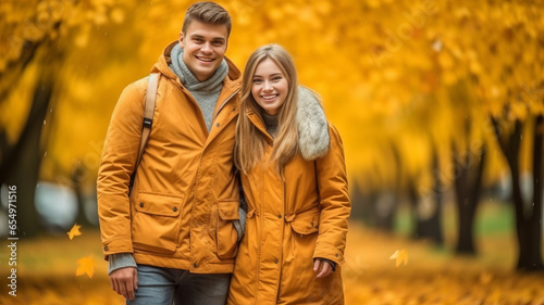 season and people concept - happy young couple having fun in autumn park.