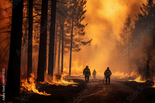 Extensive wildfires raging through national parks and forests. Firefighters battling a large fire. Burning trees. Climate change  global warming  drought  natural disaster  environmental crisis