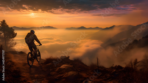 Cyclist Embracing Nature s Serenity  Conquering the Summit Under the Mesmerizing Sunset Sky  generative ai
