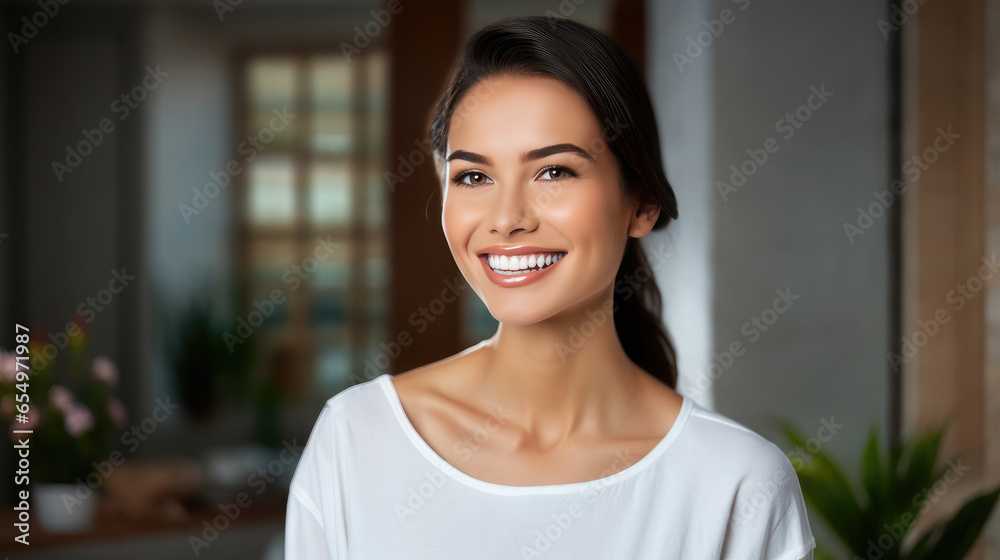 Generative AI, girl with beautiful white healthy teeth smiling, charming snow-white smile, dentistry advertising, oral care, mouth, face, cute woman, space for text, interior background