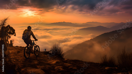 Cyclist Embracing Nature's Serenity: Conquering the Summit Under the Mesmerizing Sunset Sky, generative ai