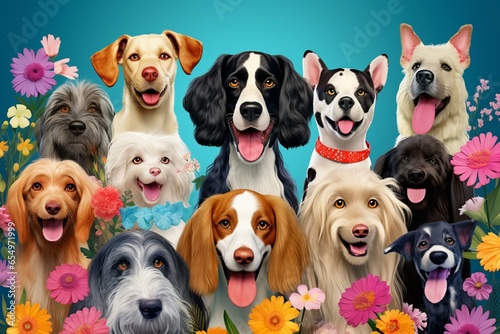 Adorable dogs with vibrant backdrop for pet shop or veterinary service. Generative AI