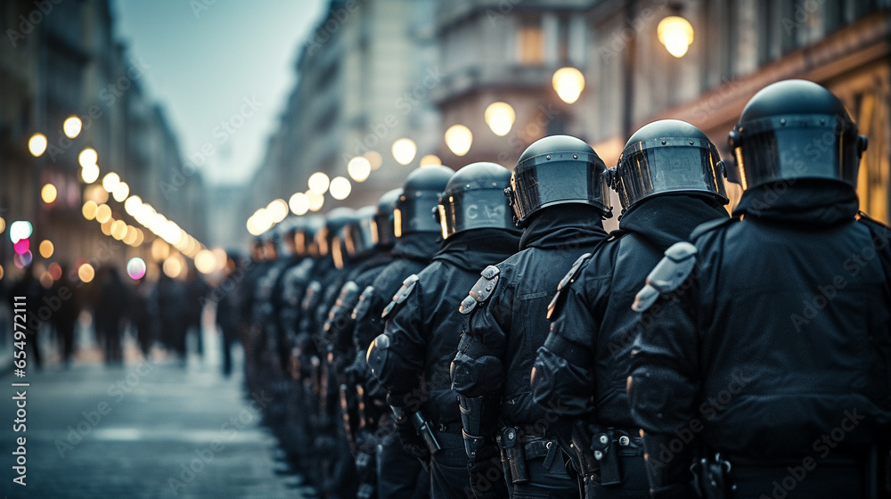 Uniformed riot police in an urban city during a time of troubles.  - obrazy, fototapety, plakaty 