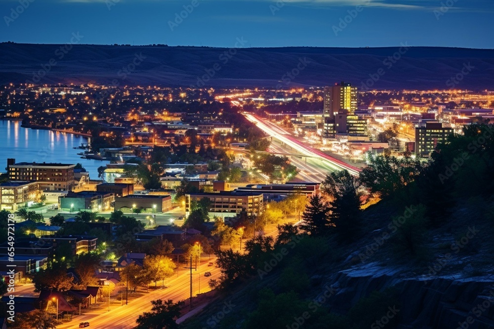 Nighttime cityscape with flowing lights in Billings, Montana. Generative AI