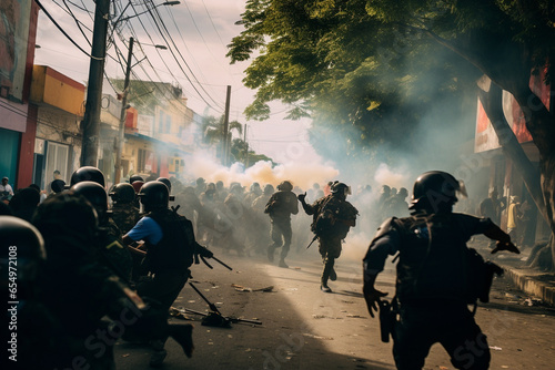 Uniformed riot police in an urban city during a time of troubles. 