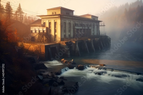 Early morning hydroelectric plant with misty river. Generative AI
