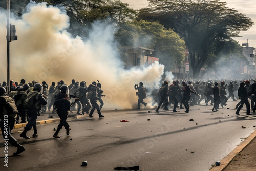 Uniformed riot police in an urban city during a time of troubles. 