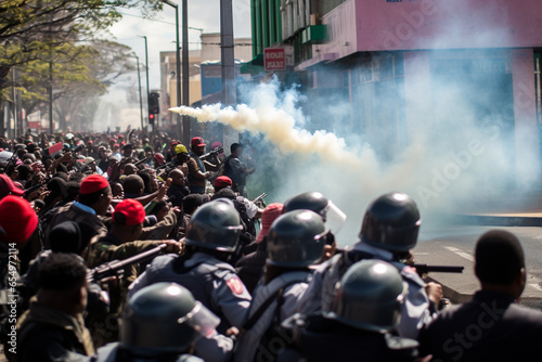 Uniformed riot police in an urban city during a time of troubles. 