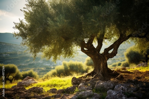 a sunlit olive tree in the mediterranean countryside. Generative AI