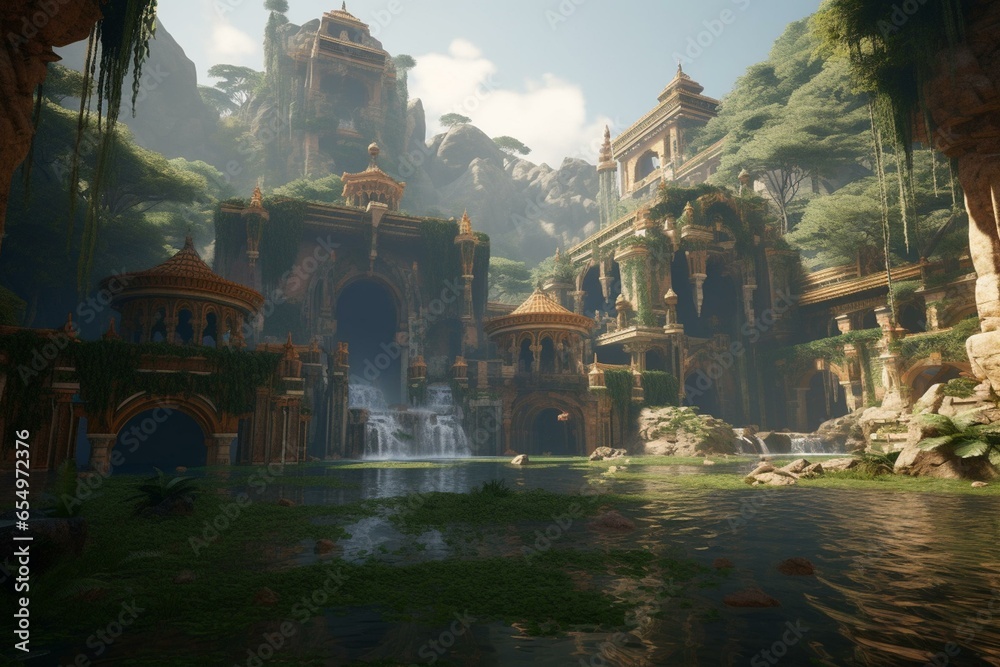 Explore a captivating waterfall palace surrounded by a lush and intricate jungle scenery through Unreal Engine 5's stunning visuals. Generative AI