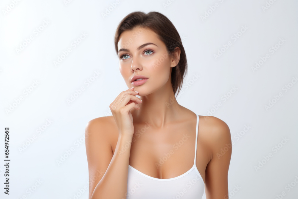 A woman is pictured holding a toothbrush while wearing a white tank top. This image can be used to promote dental hygiene or for beauty and personal care related content. A woman is pictured holding a toothbrush while wearing a white tank top. This image can be used to promote dental hygiene or for beauty and personal care related content.